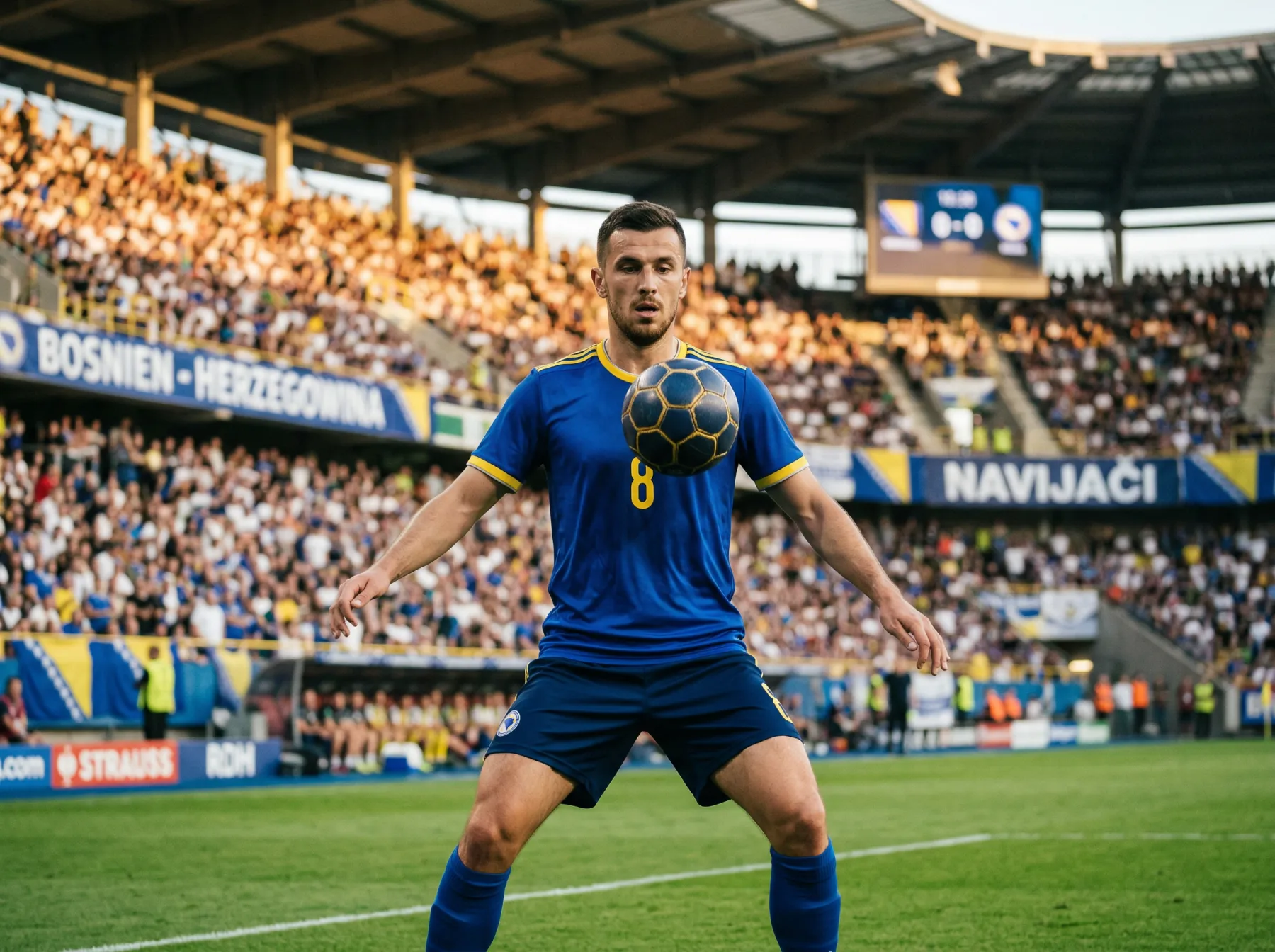 Bosnischer Nationalspieler im blauen Trikot mit Ball auf grünem Fussballrasen