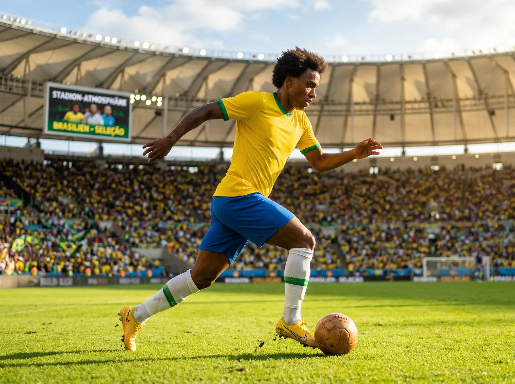 Brasilianischer Selecao-Spieler im gelben Trikot mit Ball auf grünem Rasen