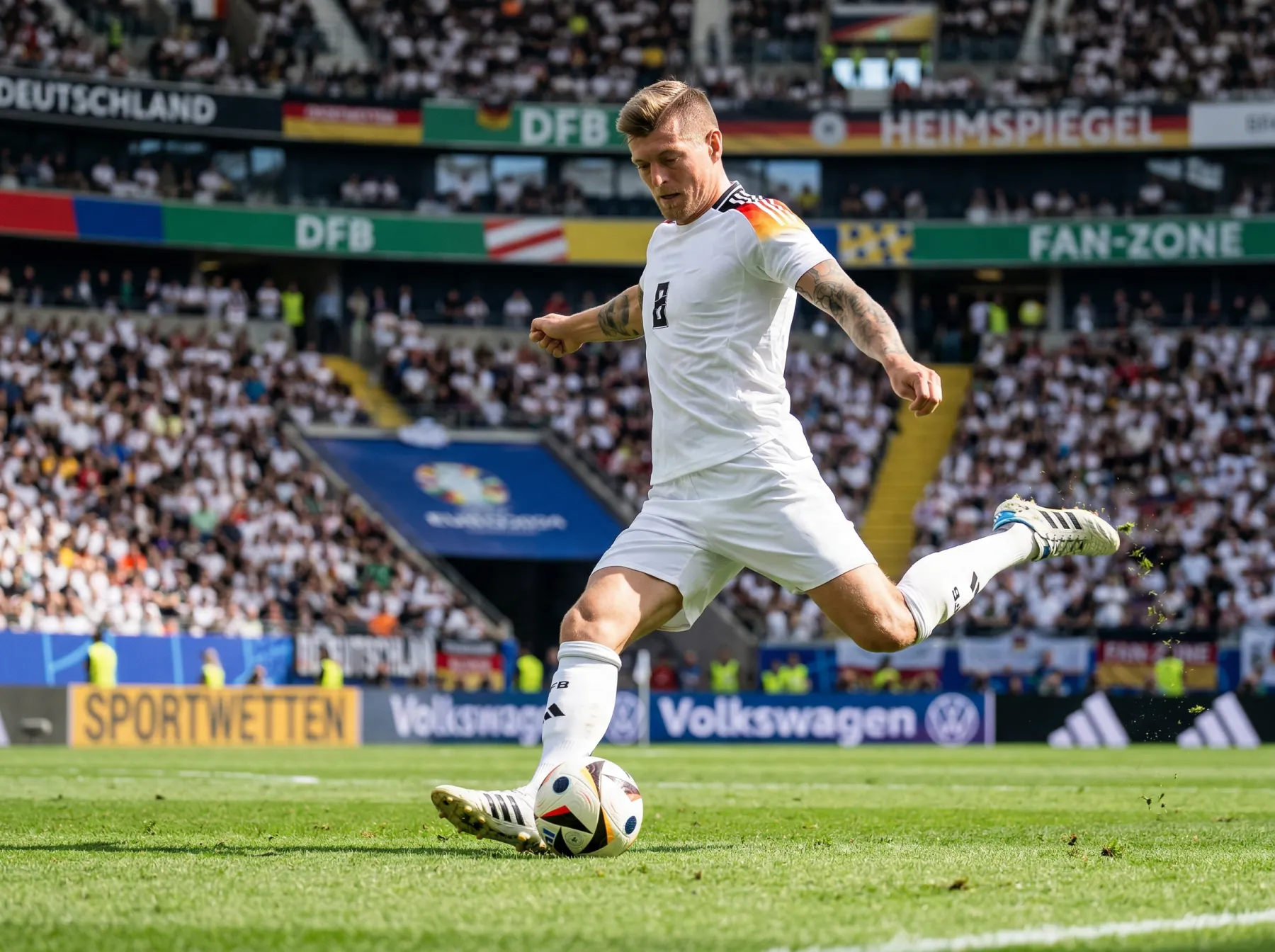 Deutscher DFB-Nationalspieler im weissen Trikot mit Fussball auf grünem Spielfeld