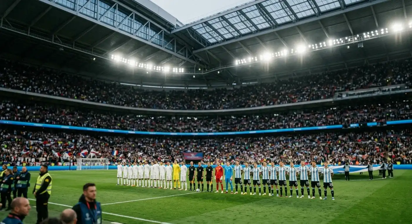 Zwei Nationalteams in weissen und hellblau-weissen Trikots stehen vor dem Anpfiff eines WM-Halbfinals in einer grossen überdachten Arena