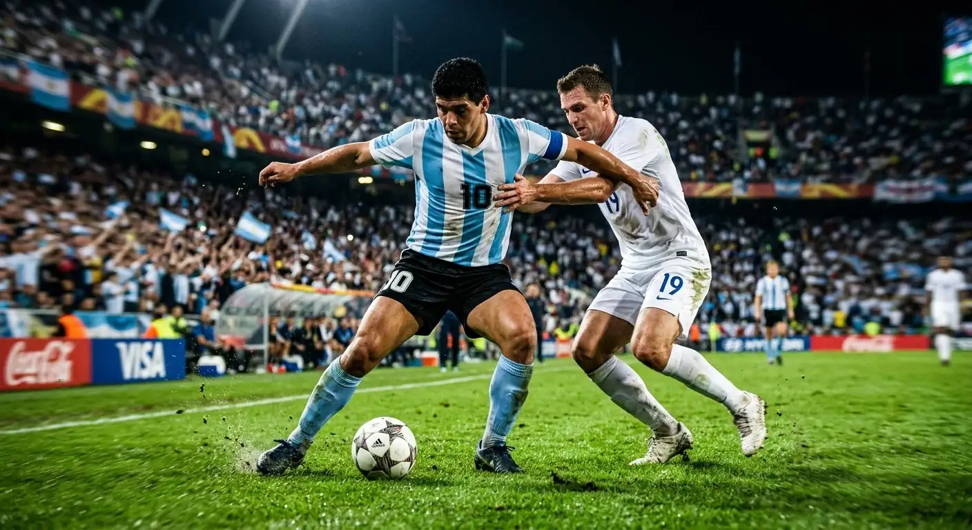 Ein Stürmer in hellblau-weissem Trikot und ein Mittelfeldspieler in Weiss im Zweikampf um den Ball unter Flutlicht in einem WM-Stadion