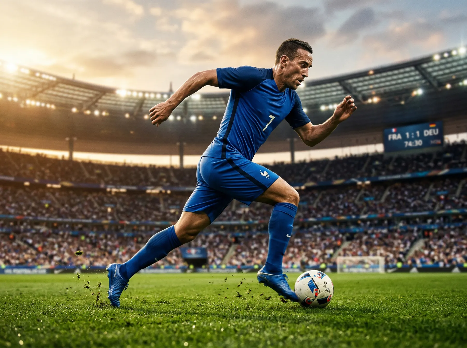 Französischer Nationalspieler im blauen Trikot mit Ball auf grünem Rasen