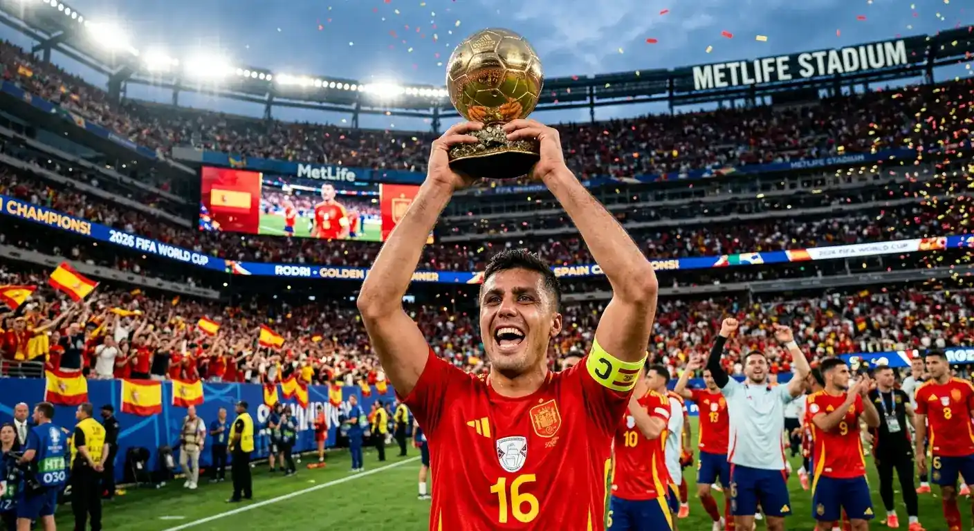 Rodri hält den Golden Ball 2026 nach Spaniens WM-Triumph, umgeben von Kapitäns-Armbinde und FIFA-Offiziellen