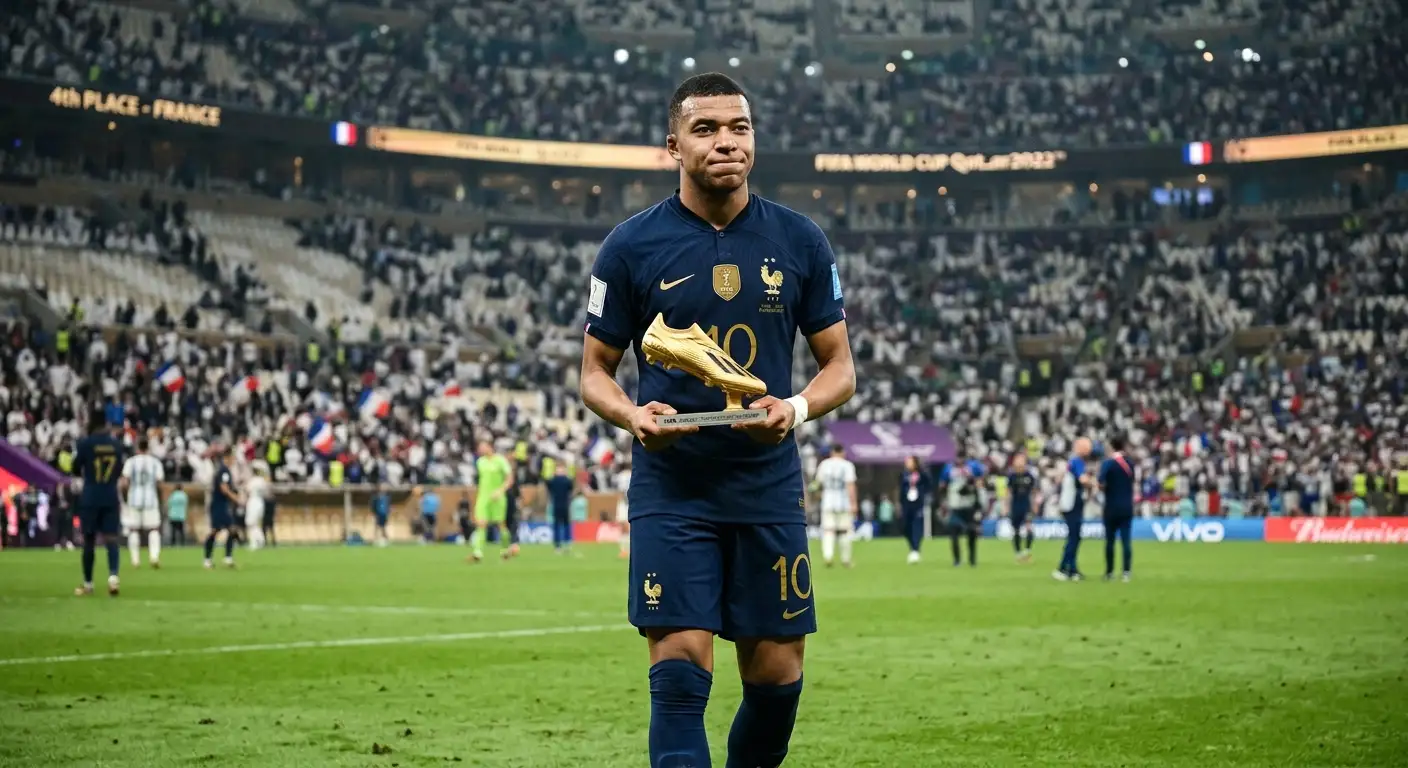Kylian Mbappé mit dem Golden Boot 2026 und seiner Rekord-Trophäe für 22 All-Time-WM-Tore