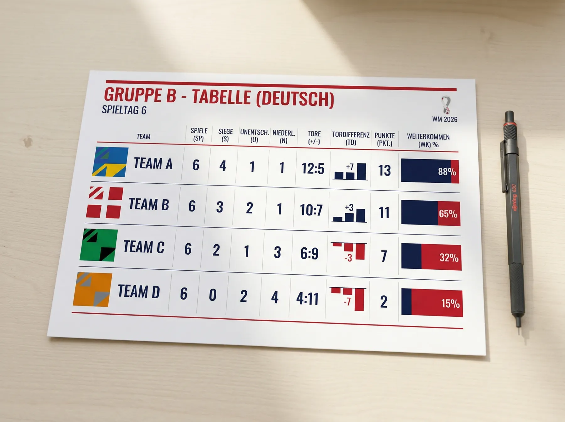 Tabelle mit Wahrscheinlichkeiten der Gruppe B an der WM 2026
