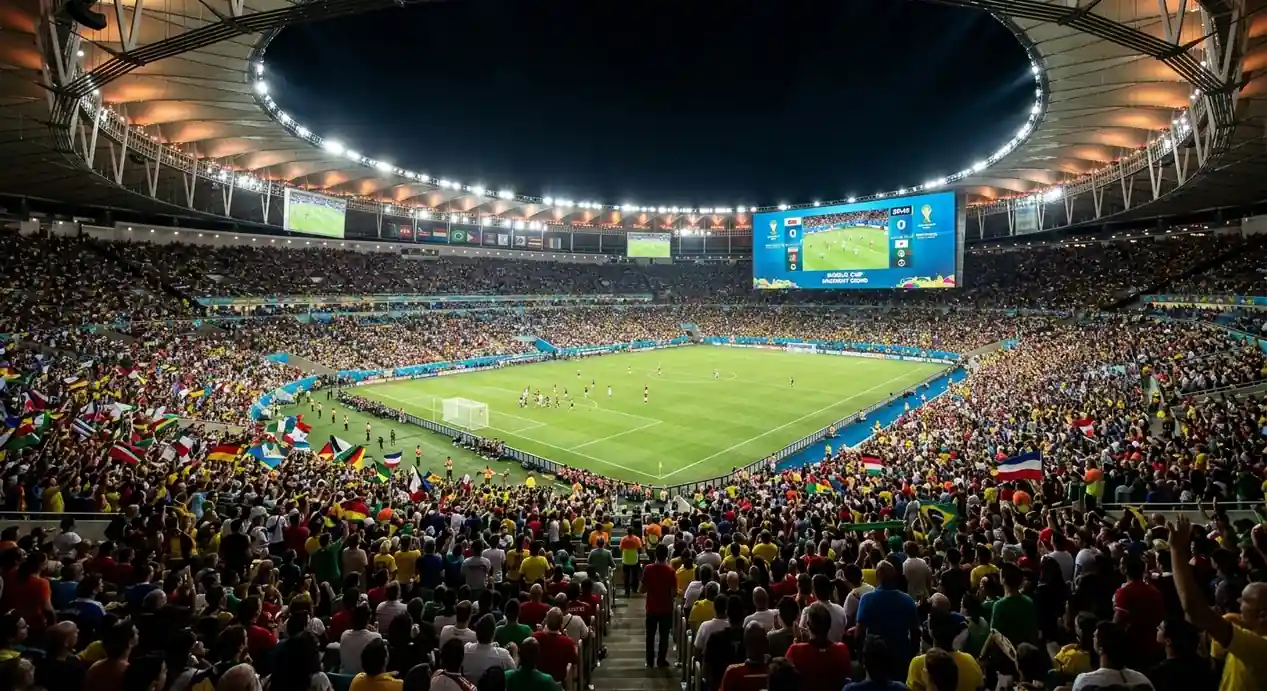 Grosse Anzeigetafel und volle Ränge in einem WM-Stadion bei Nacht, gespannte Fans verfolgen ein K.o.-Spiel