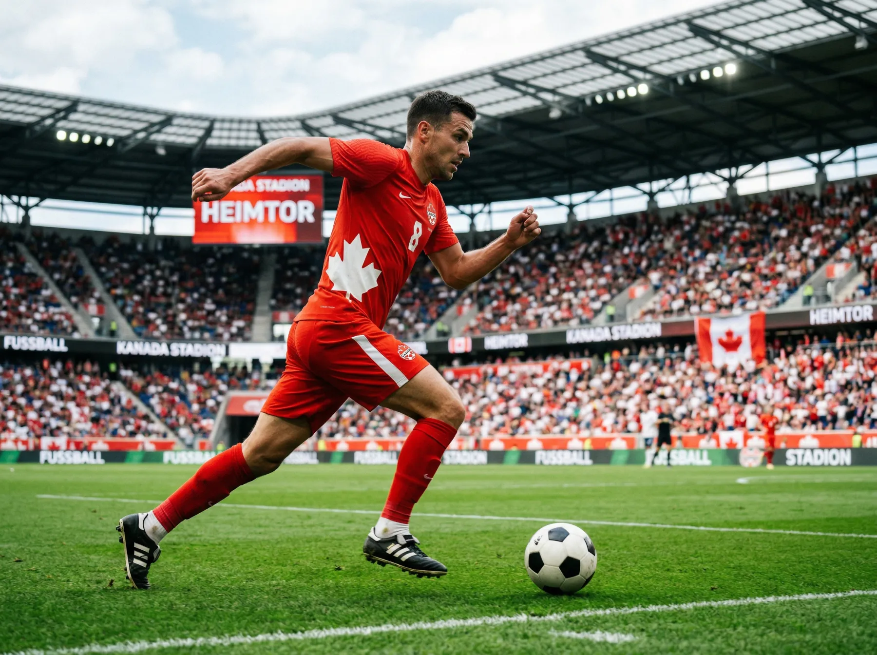 Kanadischer Nationalspieler im roten Trikot mit Fussball auf grünem Spielfeld