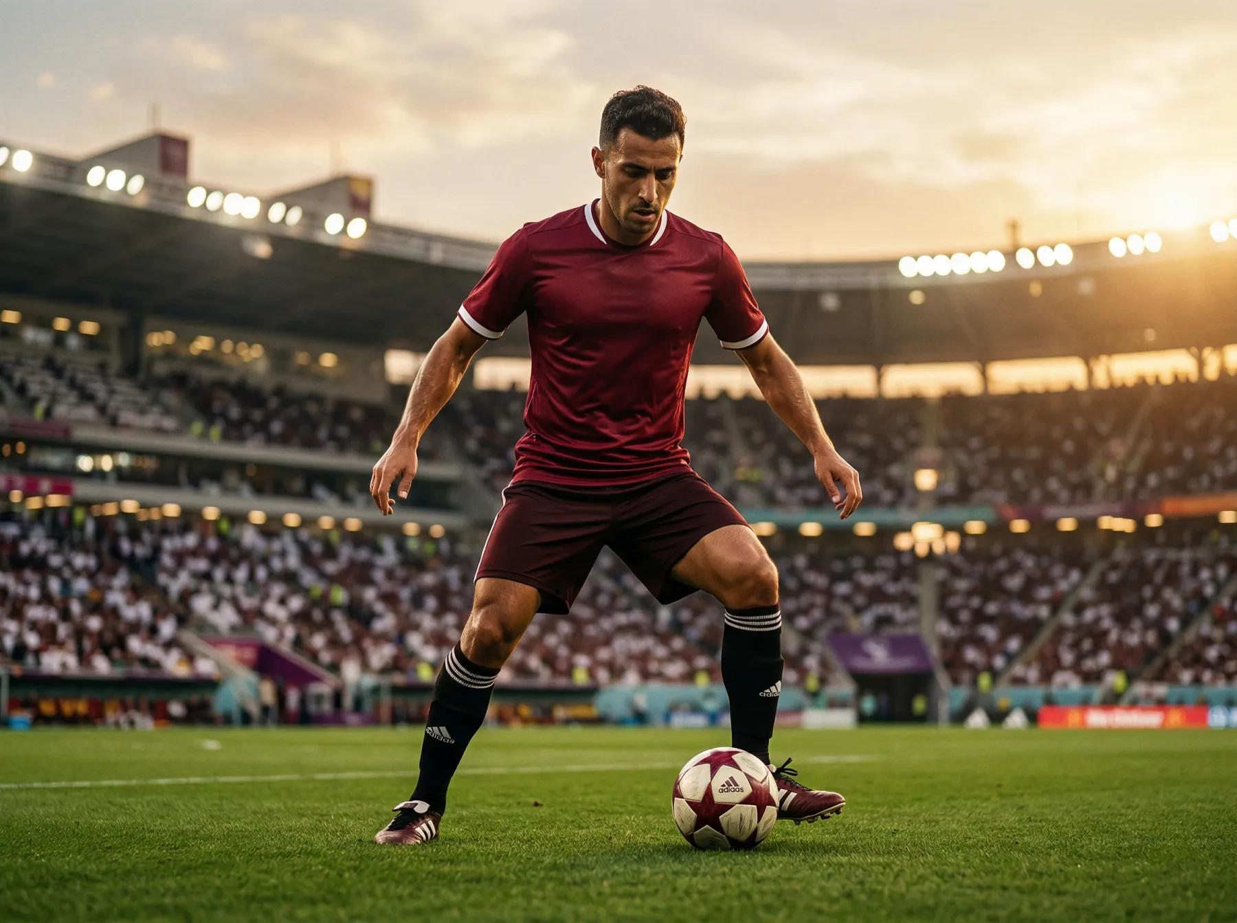 Katarischer Nationalspieler im weinroten Trikot mit Ball auf grünem Fussballrasen