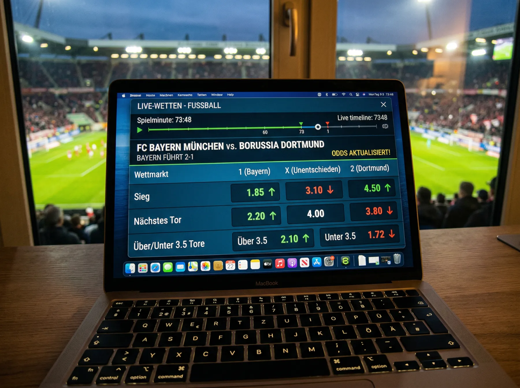 Live-Quoten eines Fussballspiels in Bewegung mit Zeitleiste