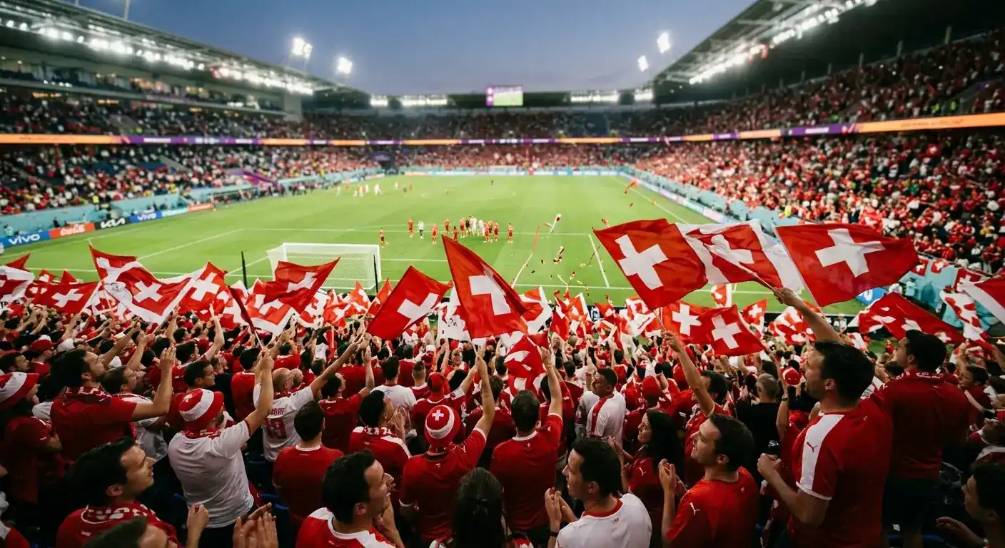 Schweizer Fussballfans mit roten Fahnen jubeln auf der Tribüne bei einem WM-Spiel
