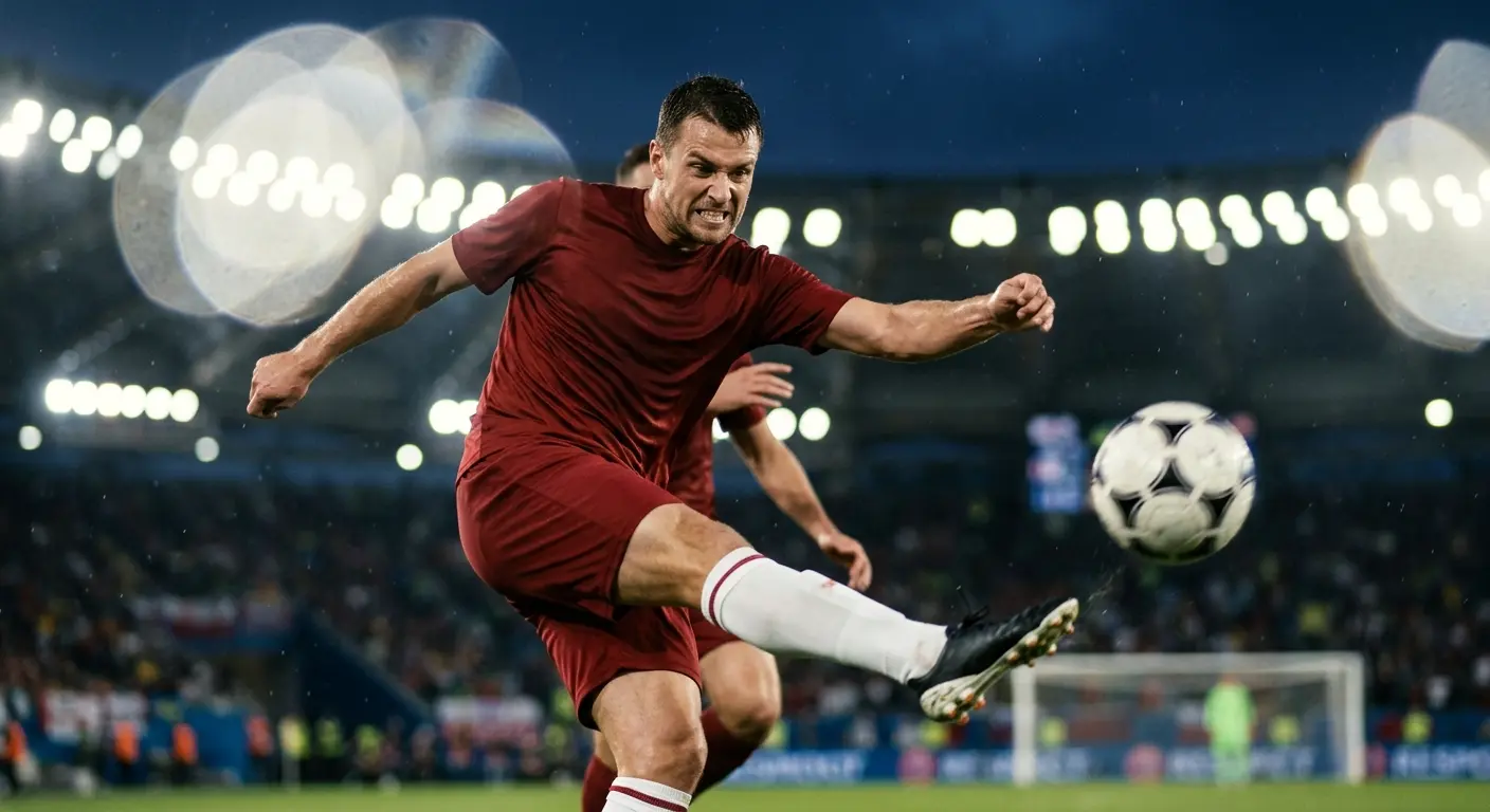 Fussballspieler trifft den Ball zum Torschuss in einem WM-Abendspiel