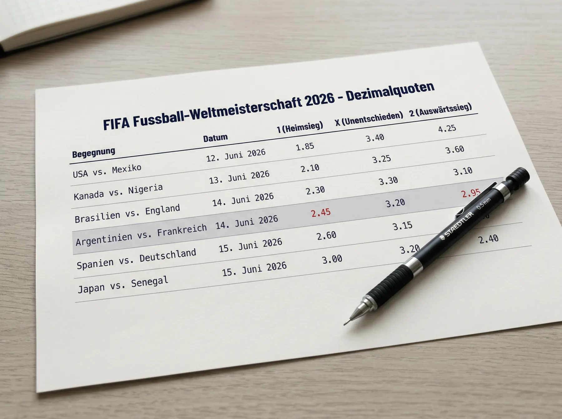 Tabelle mit Dezimalquoten zur Fussball-WM 2026 aus Schweizer Sicht