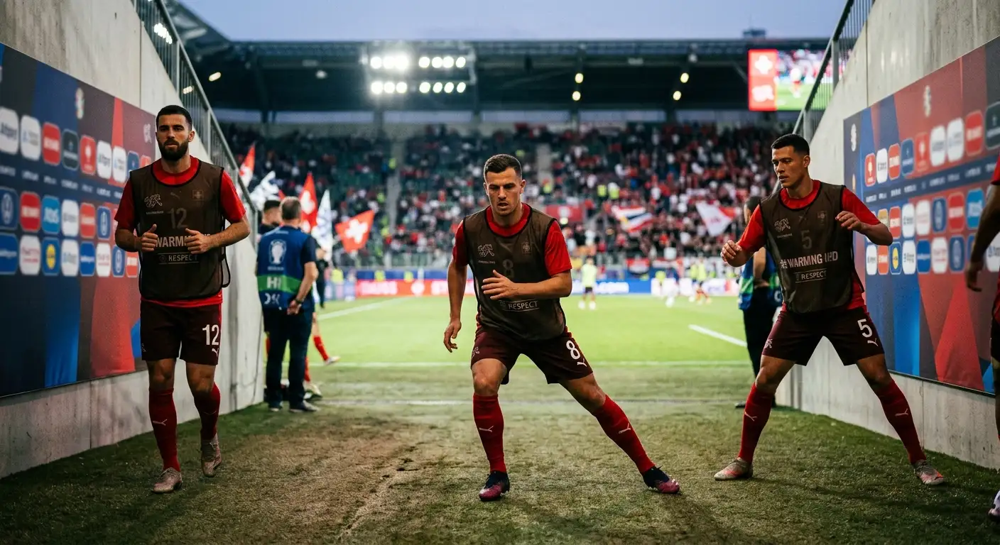 Werbebanden-Szene im Stadion mit Spielern des Schweizer Teams beim Aufwärmen vor einem K.o.-Spiel