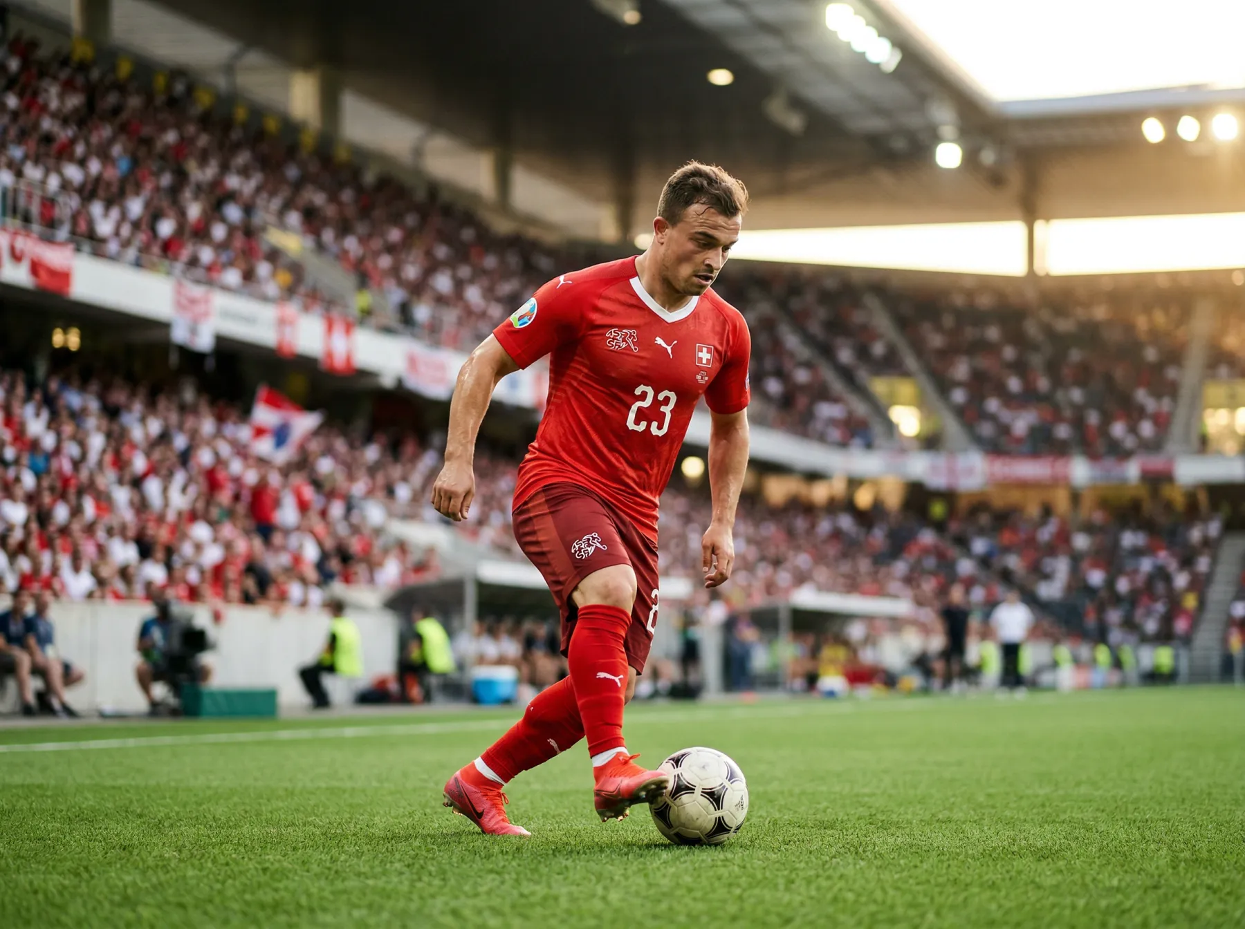 Schweizer Nati Fussballer im roten Trikot mit Ball auf grünem Spielfeld