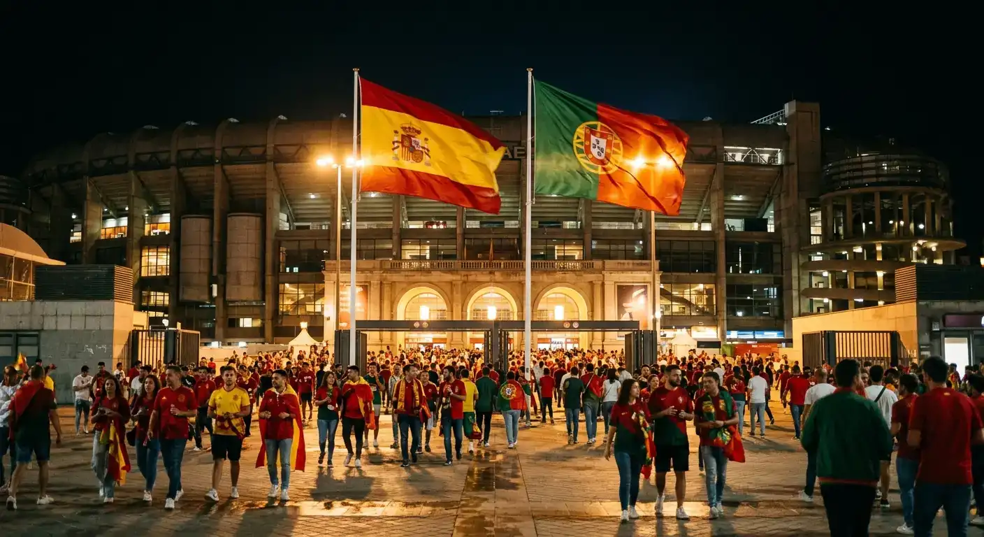 Atmosphärische Nachtaufnahme eines Stadionvorplatzes mit Fahnen Spaniens und Portugals im Schein der Stadionbeleuchtung