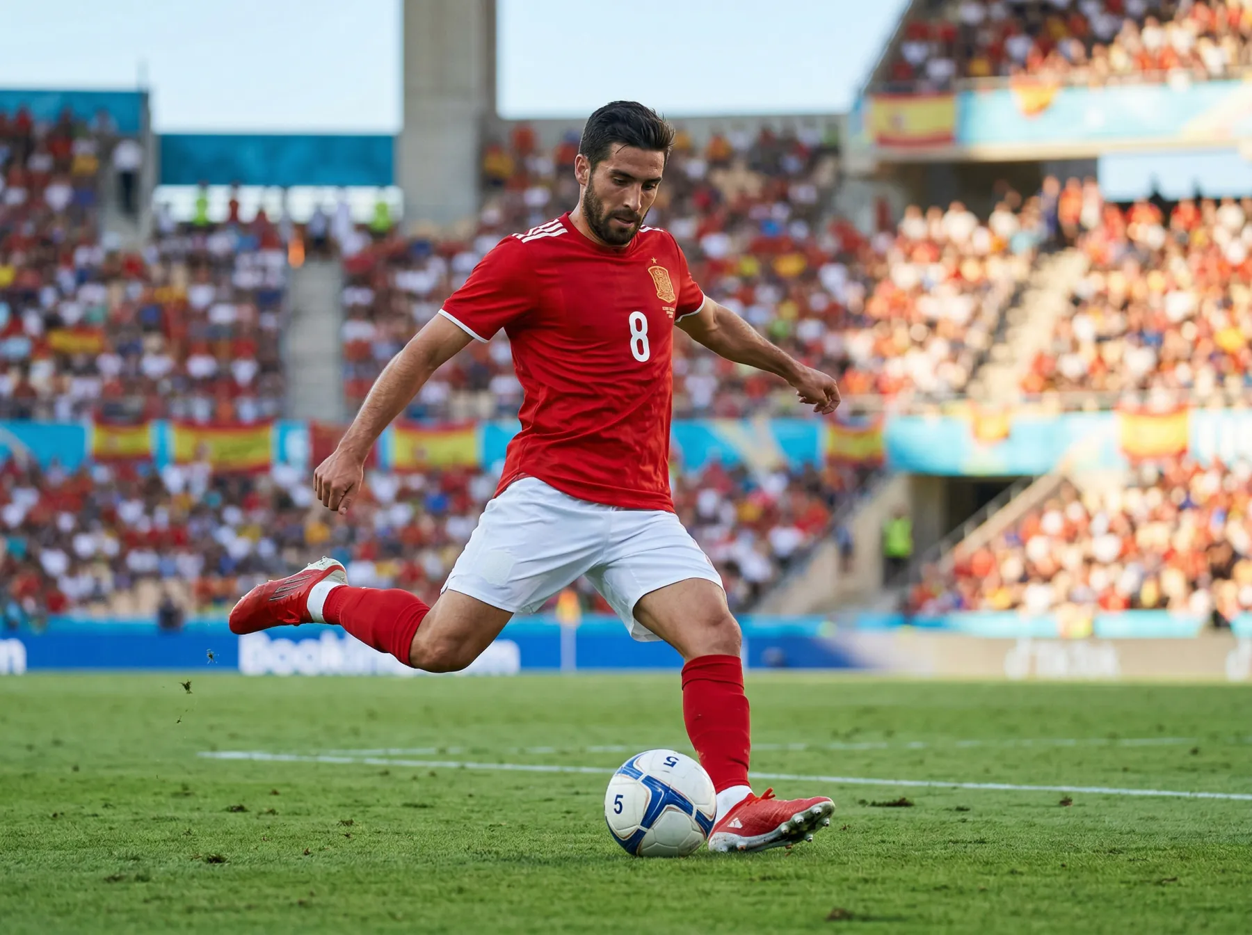 Spanischer La-Roja-Spieler im roten Trikot beim Pass auf grünem Fussballrasen