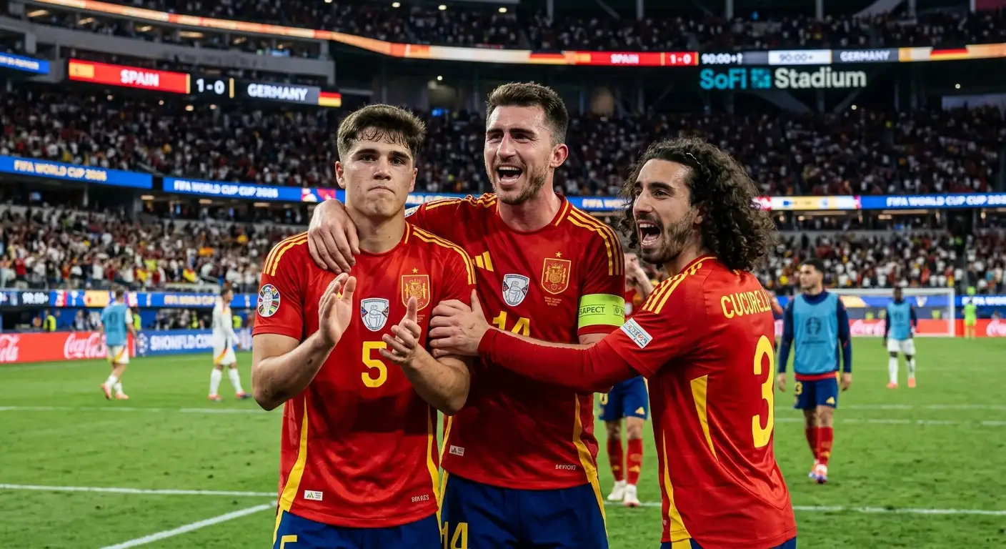 Spanische Abwehrspieler Cubarsí, Laporte und Cucurella bilden eine kompakte Defensivkette, cleansheet celebration nach dem WM-Finale