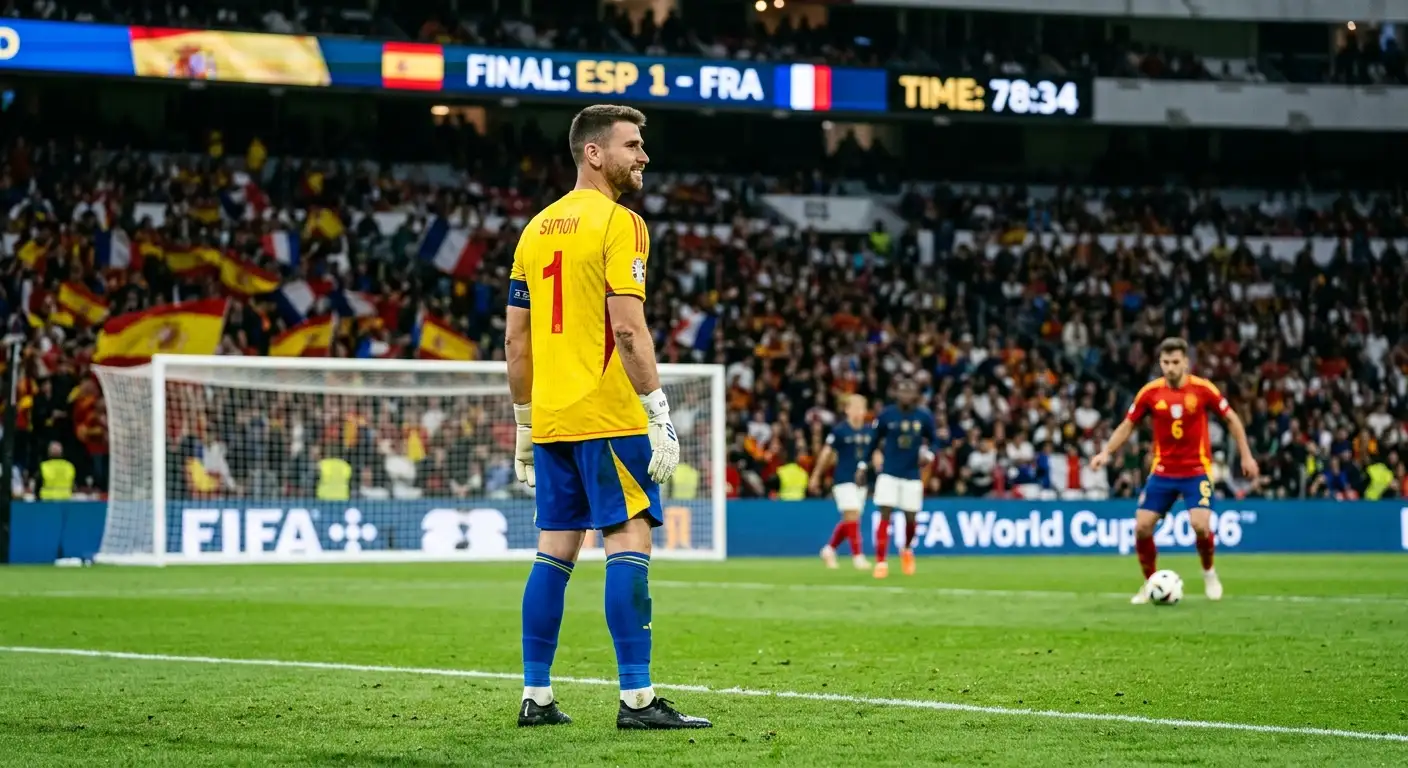 Unai Simón steht entspannt in seinem Tor während Spanien den Ball zirkulieren lässt, symbolisiert die arbeitslose Defensive