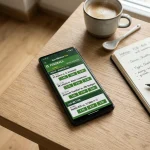 Smartphone mit Sporttip-Sportwetten-App und Fussballquoten auf hellem Holztisch