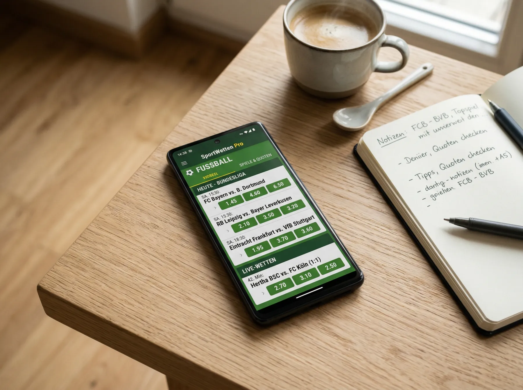 Smartphone mit Sporttip-Sportwetten-App und Fussballquoten auf hellem Holztisch