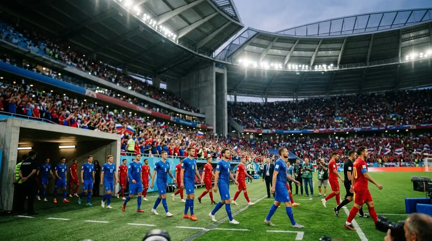 Zwei Fussball-Nationalteams in blauen und roten Trikots betreten vor einem WM-Halbfinal das Spielfeld eines grossen überdachten Stadions