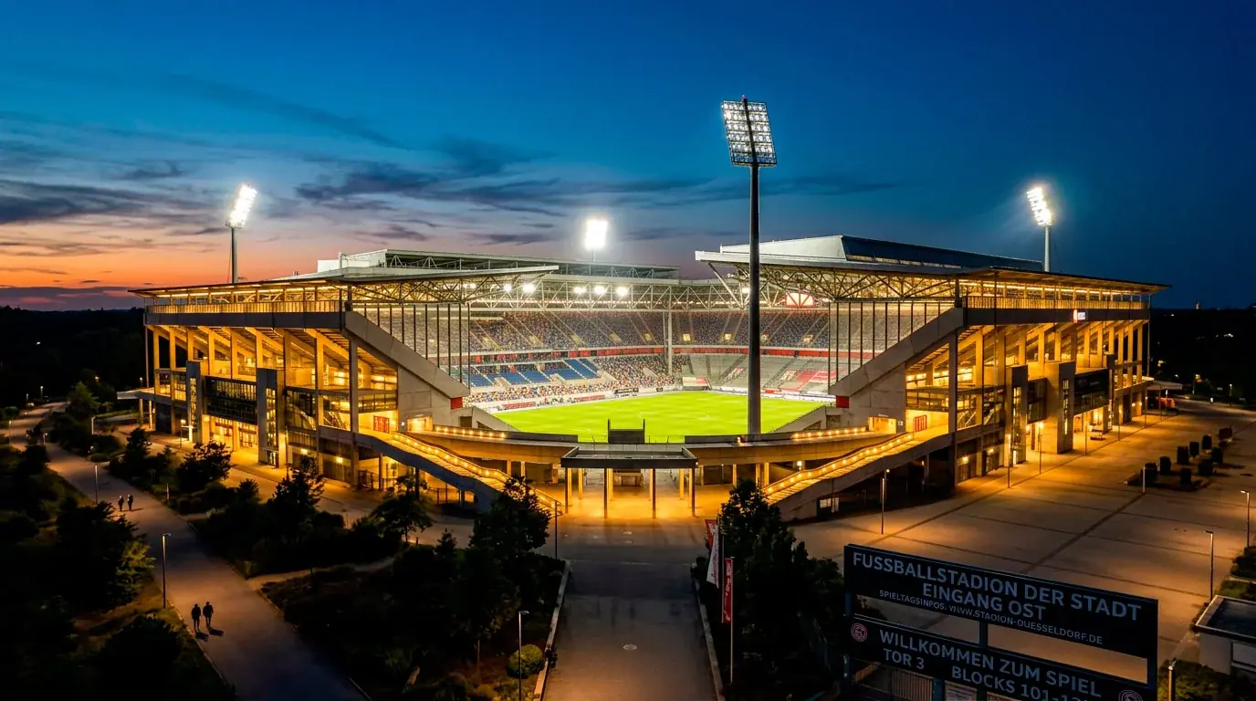Beleuchtetes Fussballstadion in der Dämmerung vor einem Abendspiel der WM 2026