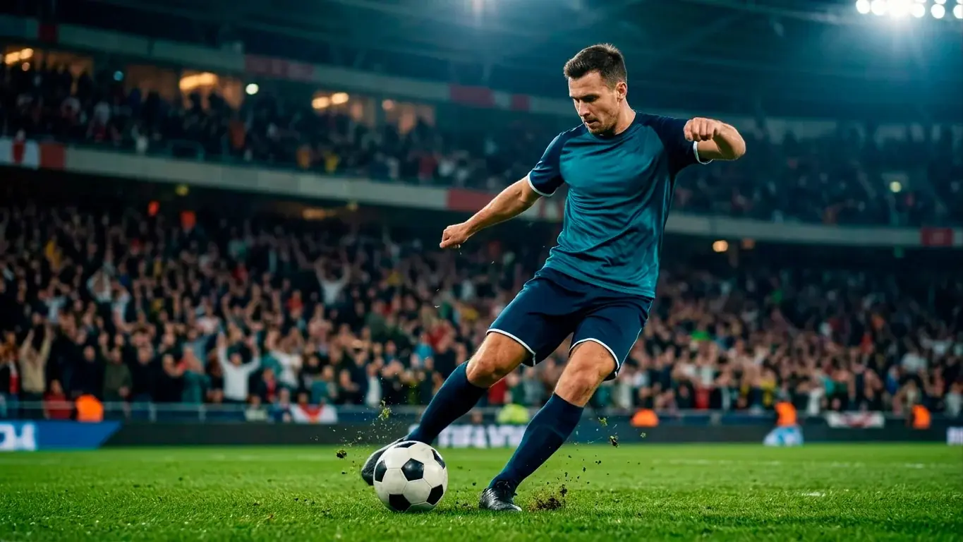 Fussballspieler schiesst den Ball in einem Abendspiel bei Flutlicht