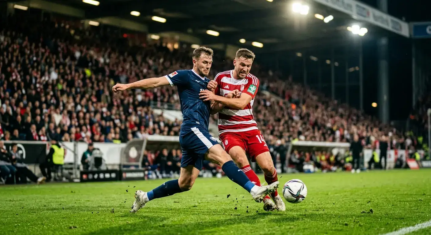 Zwei Spieler kämpfen im Mittelfeld um den Ball, Flutlicht, Abendspiel