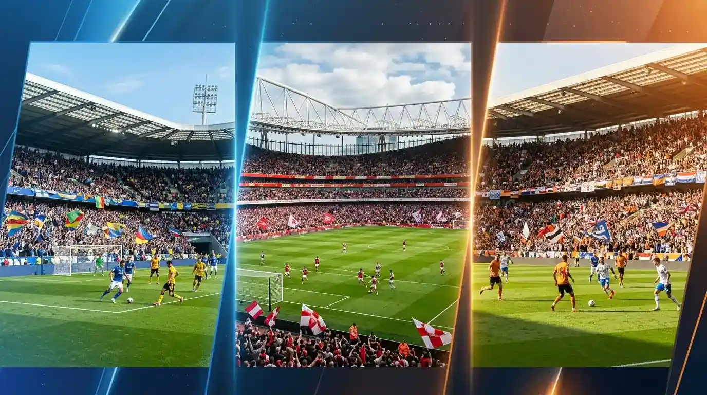Werbeplakat mit drei Fussballstadien bei Tag mit Blick auf den Spielplan des Tages
