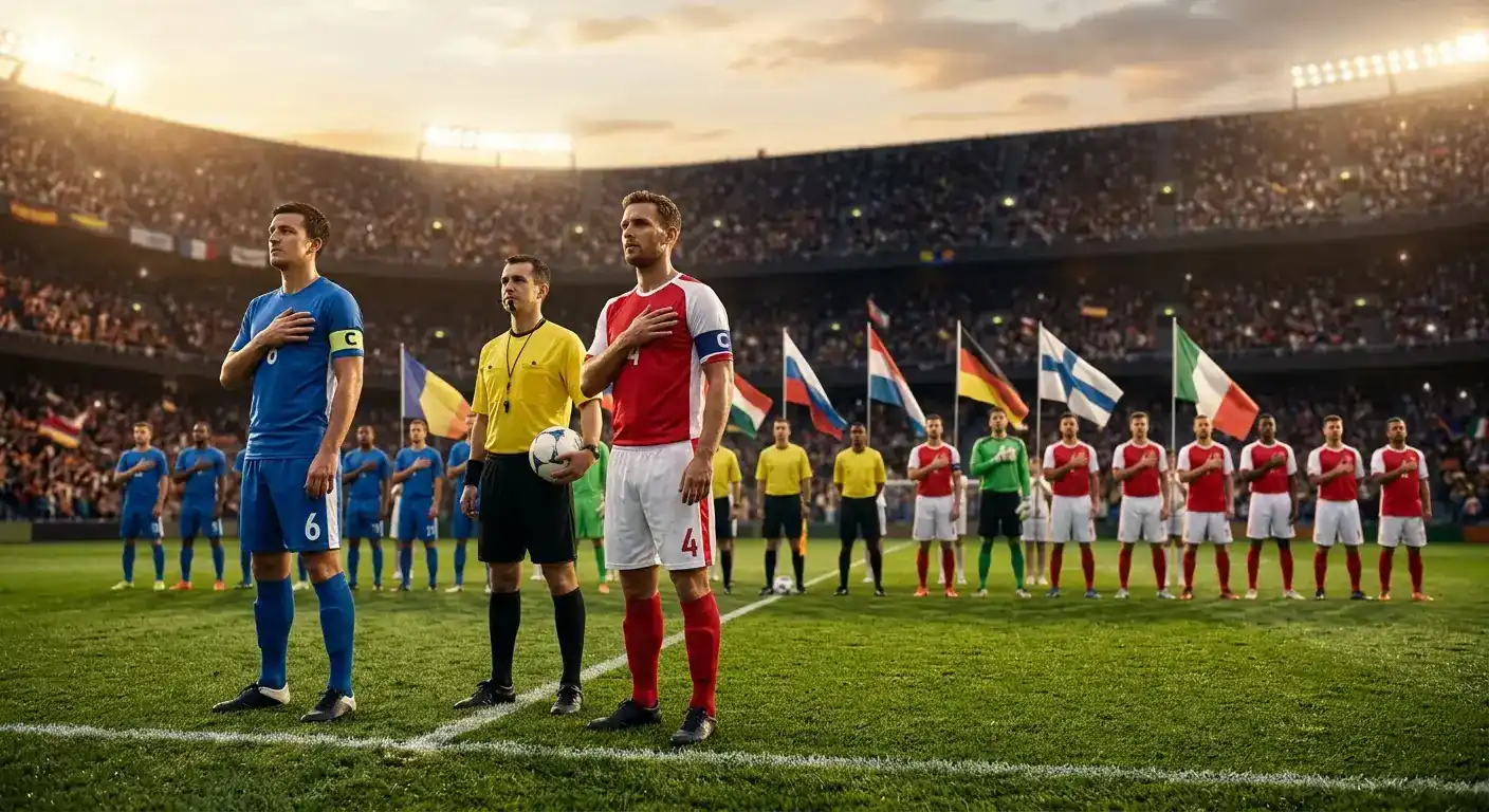 Detailaufnahme eines Fussballplatzes vor Anpfiff mit Fahnen und Spielern beim Aufstellen der Mannschaften