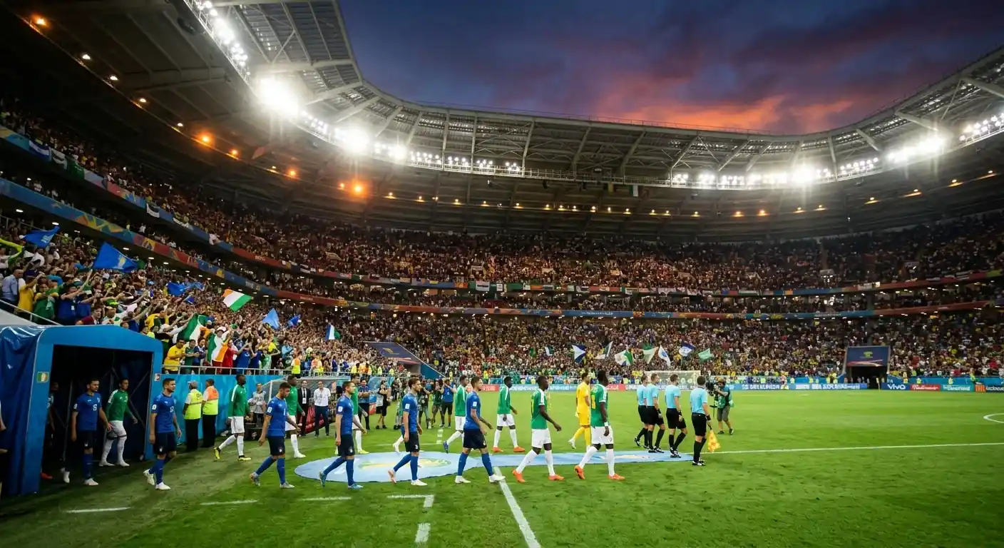 Zwei Nationalmannschaften betreten unter Flutlicht das Spielfeld eines grossen WM-Stadions, Fahnen auf den Rängen