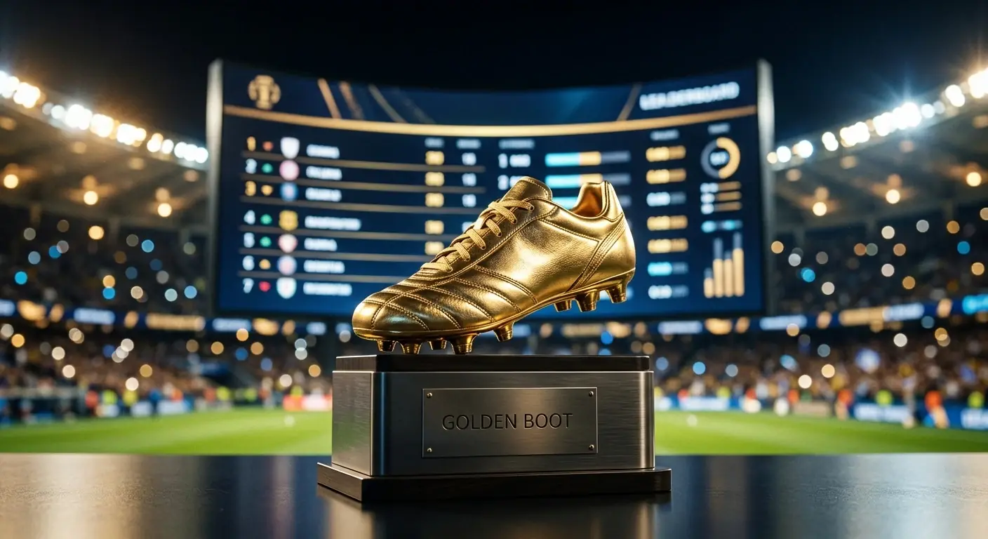 Symbolische Darstellung eines goldenen Fussballschuhs auf einem Podest vor einer Anzeigetafel, Stadionlicht im Hintergrund
