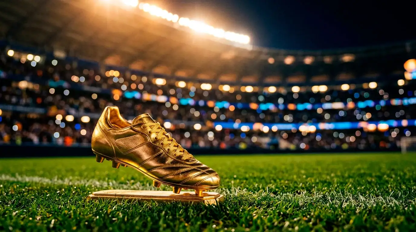 Goldener Fussballschuh auf dem Rasen im Flutlicht eines Stadions