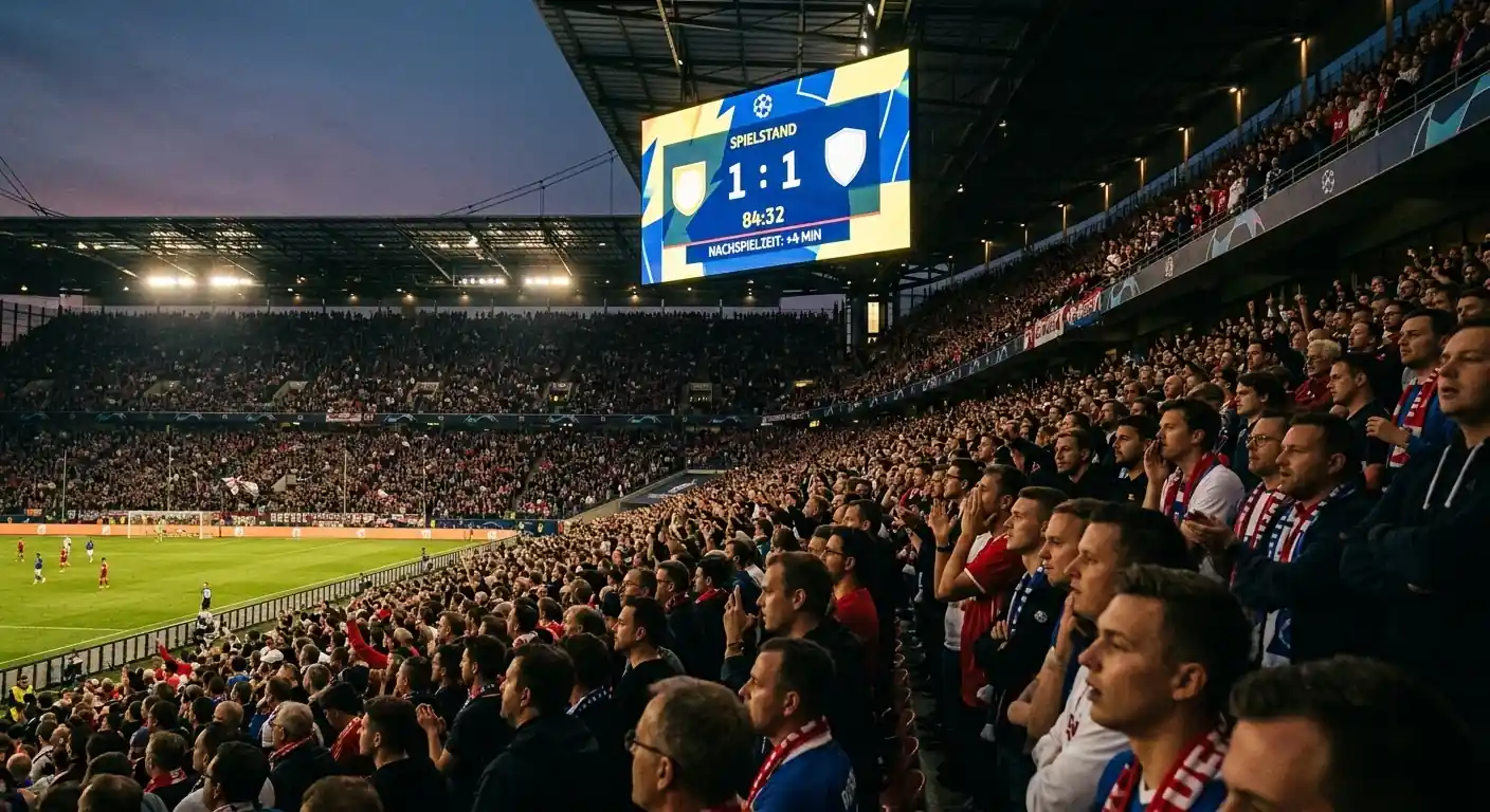 Grosse Anzeigetafel in einem WM-Stadion, die Fans verfolgen gespannt ein K.o.-Spiel