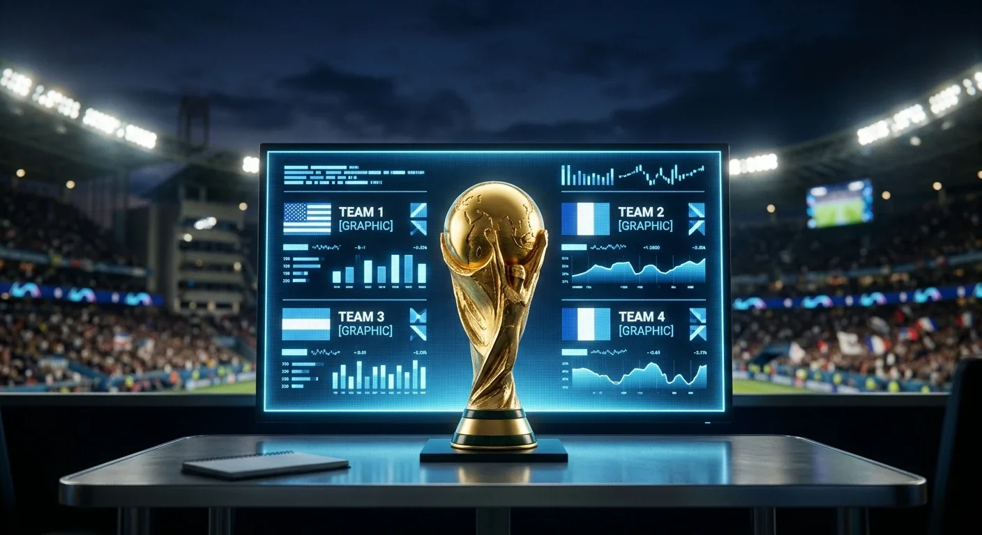 Symbolische Darstellung eines WM-Pokals vor einer digitalen Quotentafel mit vier Nationen, Stadion im Hintergrund