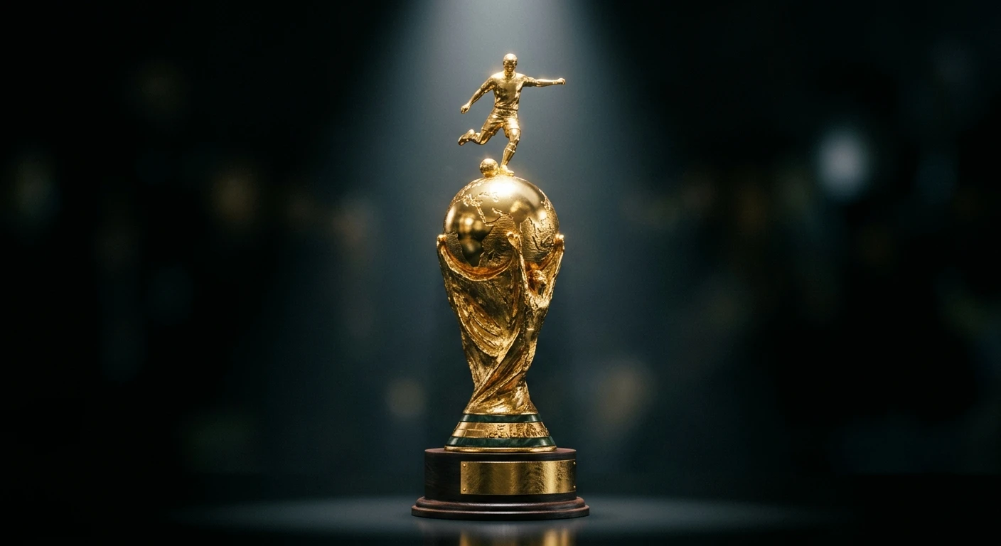 Nahaufnahme eines WM-Pokals im Scheinwerferlicht vor dunklem Hintergrund