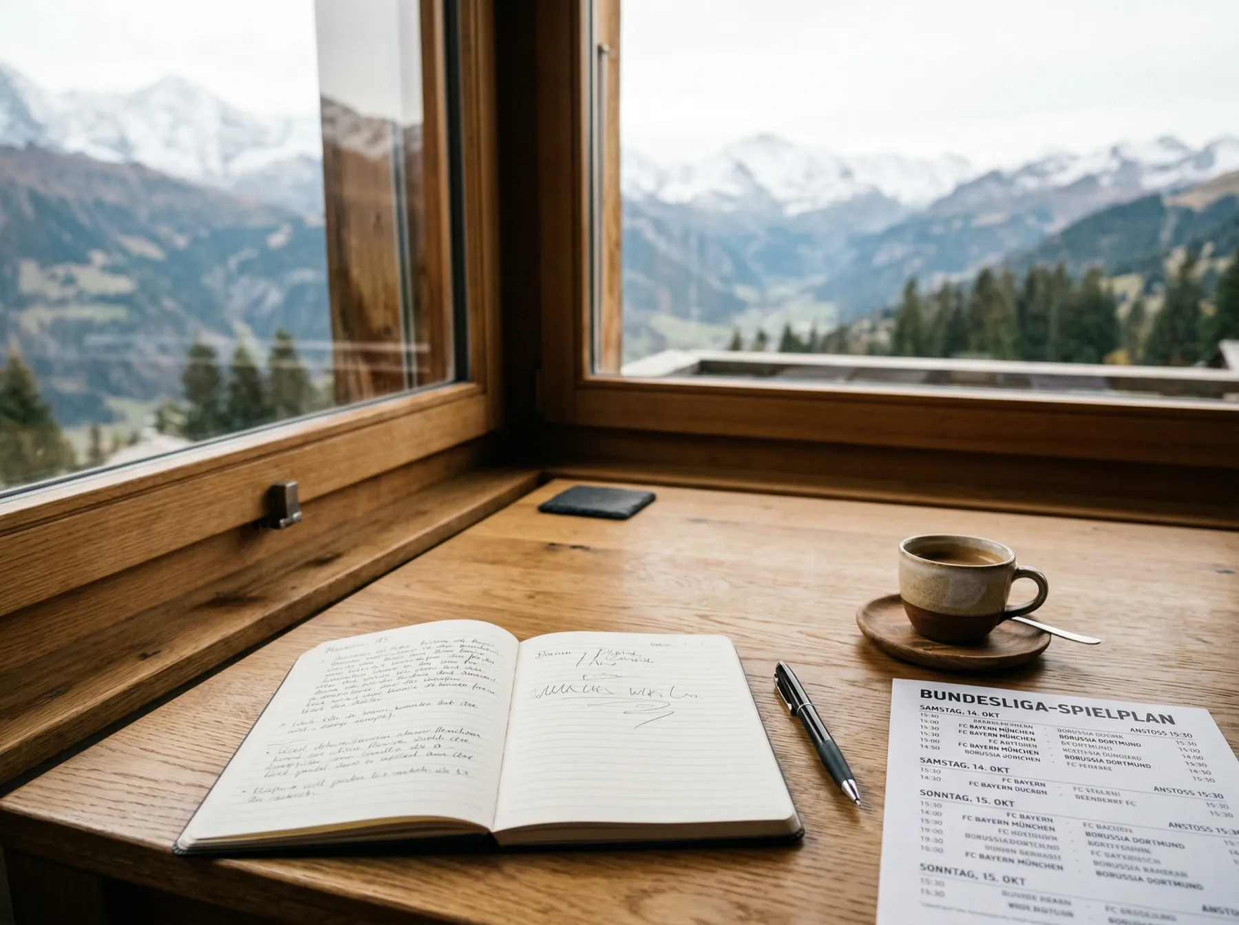 Schreibtisch mit Spielplan, Notizbuch und Quotenliste vor einem Schweizer Bergpanorama
