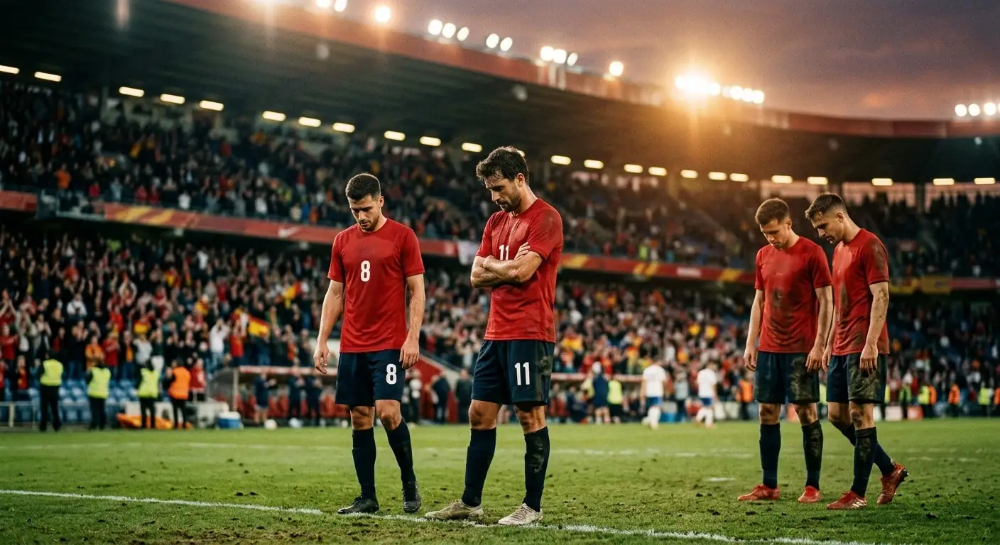 Enttäuschte Schweizer Nationalspieler in roten Trikots stehen nach dem Abpfiff auf dem Rasen, applaudierende Fans im Hintergrund eines WM-Stadions