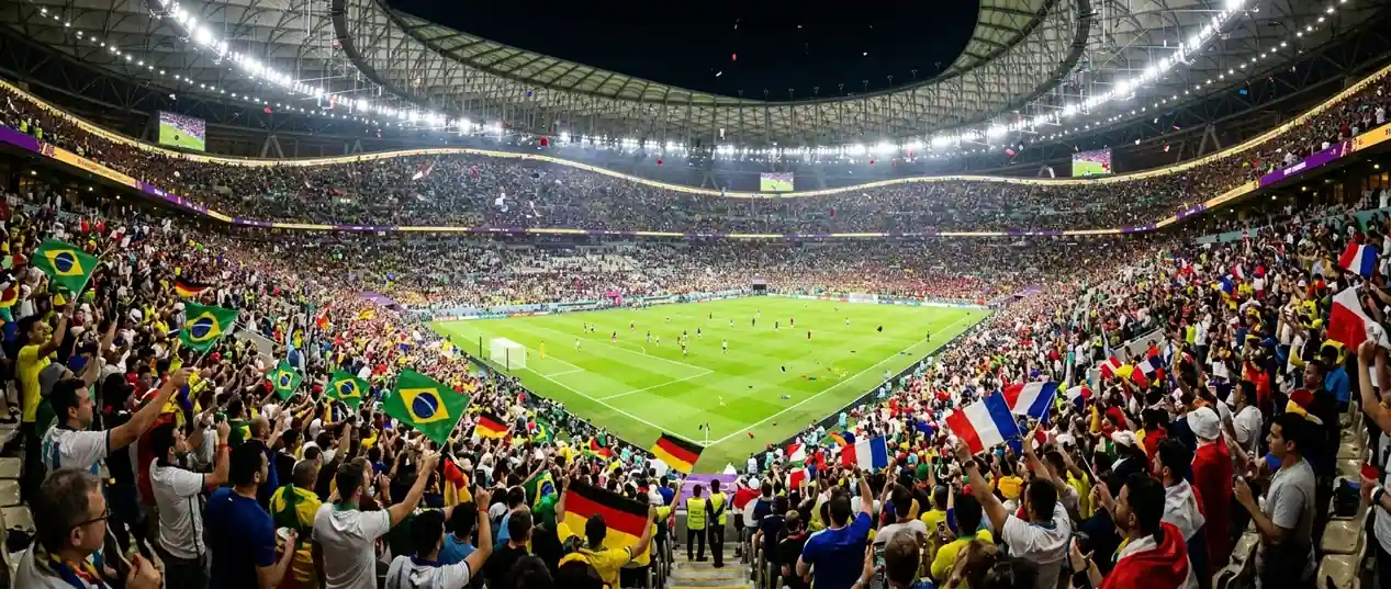 Weite Aufnahme eines vollen WM-Stadions bei Flutlicht während eines Viertelfinals, Konfetti und Fahnen auf den Rängen